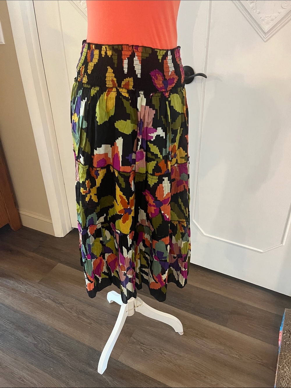 Black Floral Midi Skirt with Multicolor Print and Smocked Waist